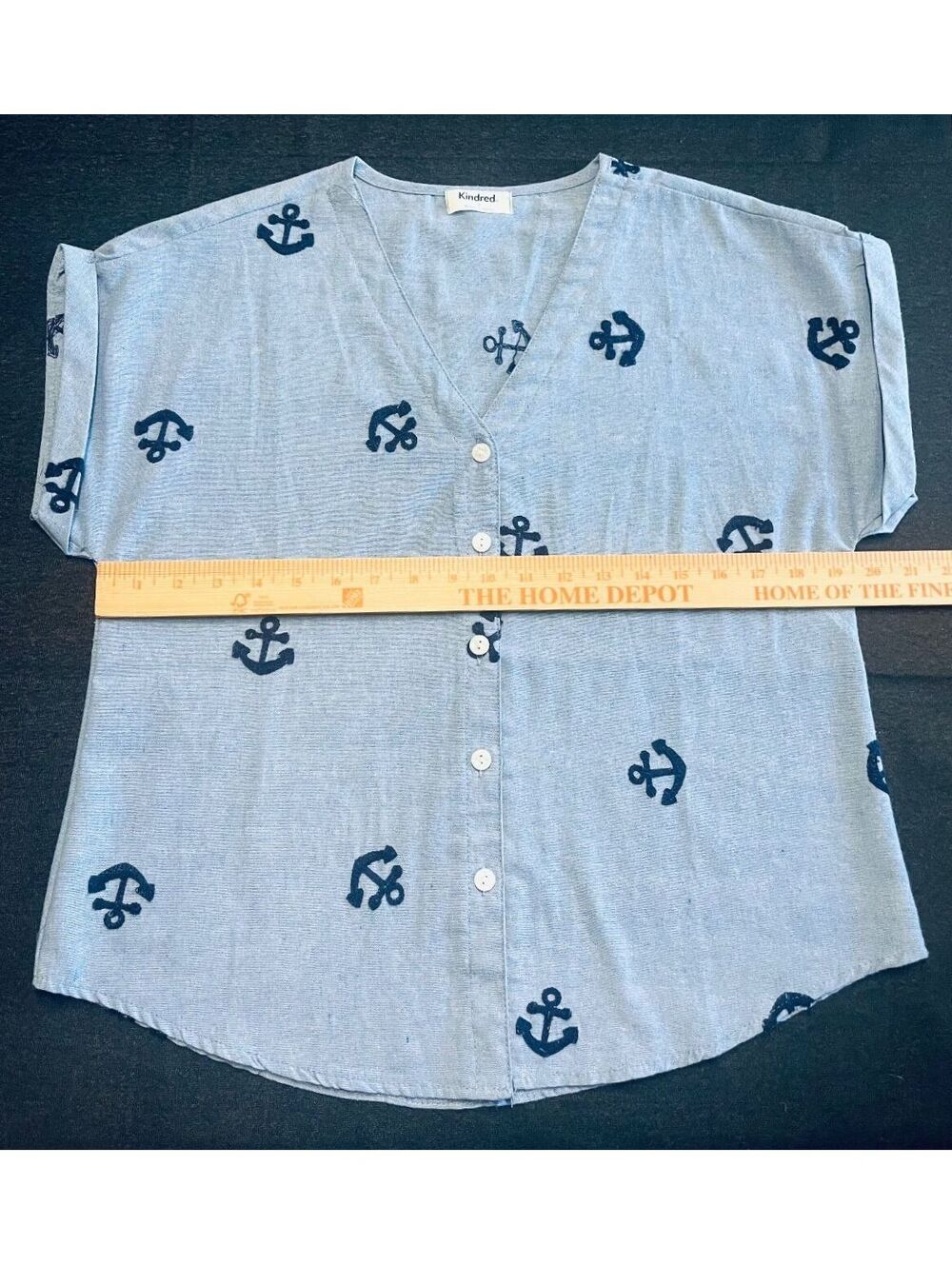 Kindred Chambray Anchor Embroidered Button Up Top L Coastal Grandmother Nautical - Picture 3 of 5